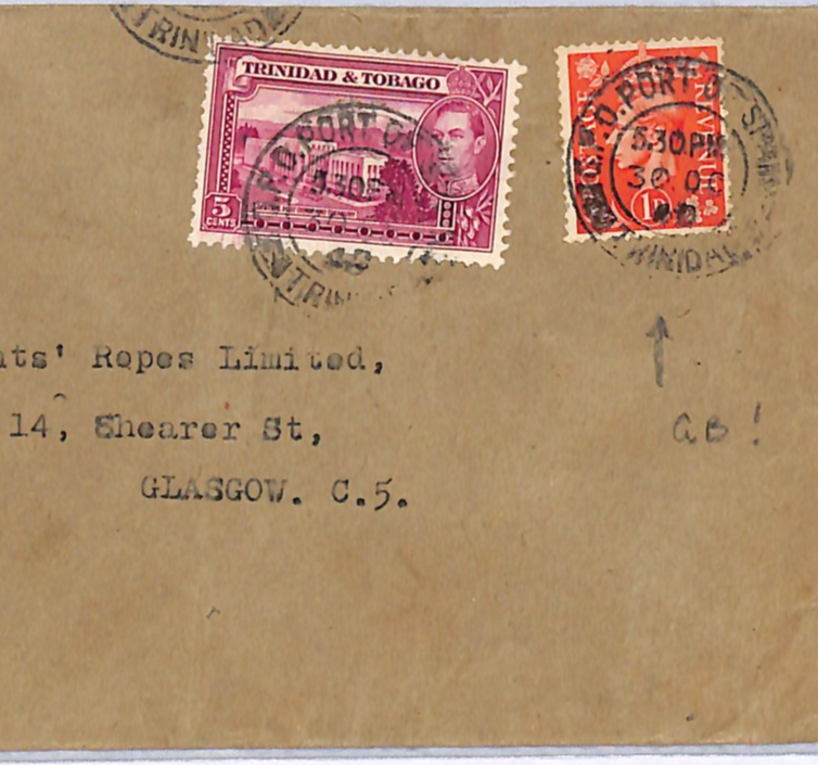 TRINIDAD *MIXED FRANKING* GB KGV1 1d Cover PORT OF SPAIN 1946 CDS Glasgow WE338 - Image 3