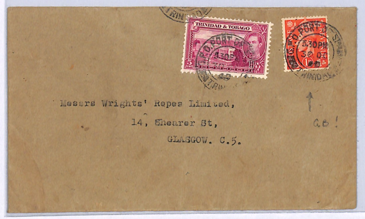 TRINIDAD *MIXED FRANKING* GB KGV1 1d Cover PORT OF SPAIN 1946 CDS Glasgow WE338 - Image 4