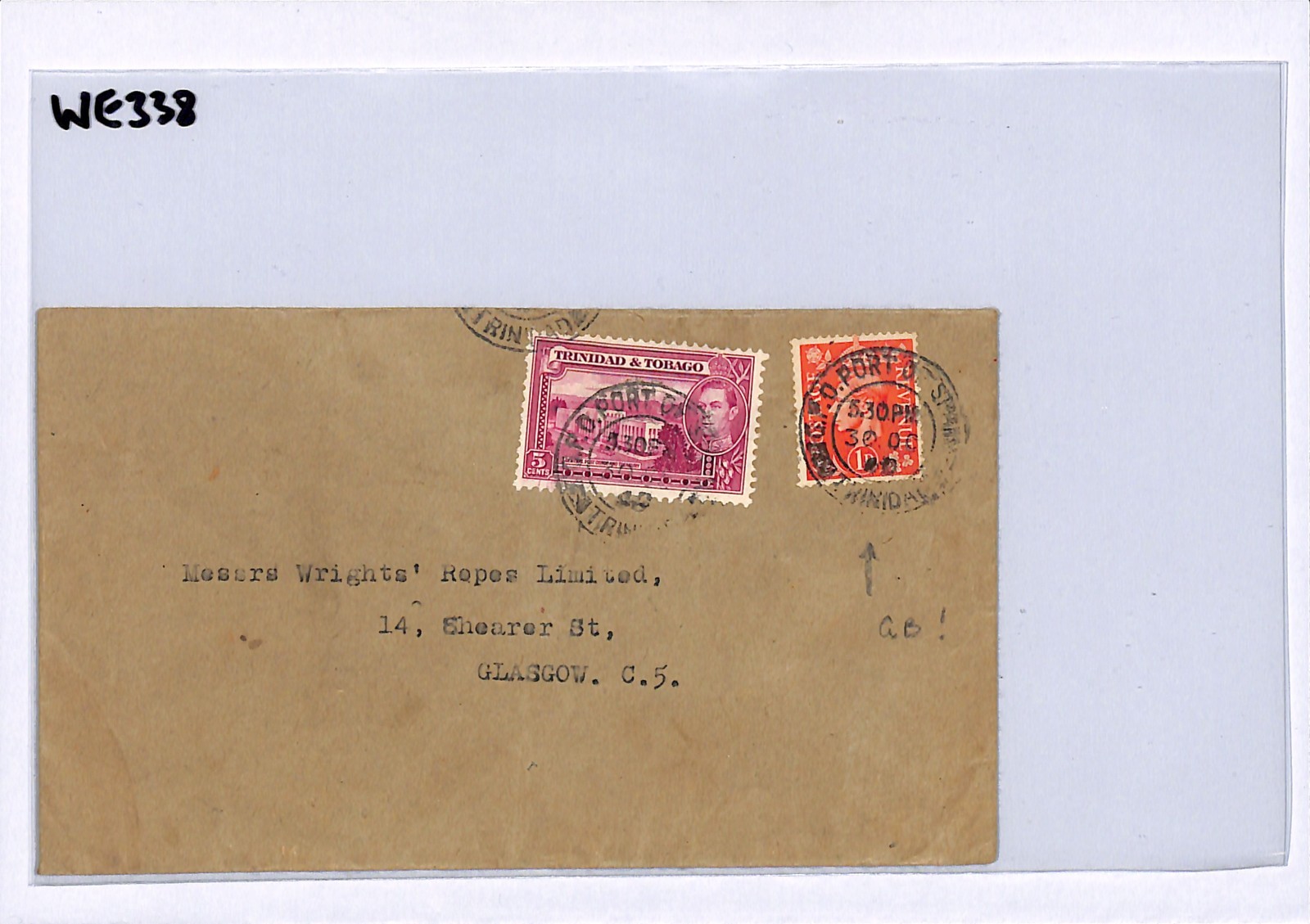 TRINIDAD *MIXED FRANKING* GB KGV1 1d Cover PORT OF SPAIN 1946 CDS Glasgow WE338 - Image 7