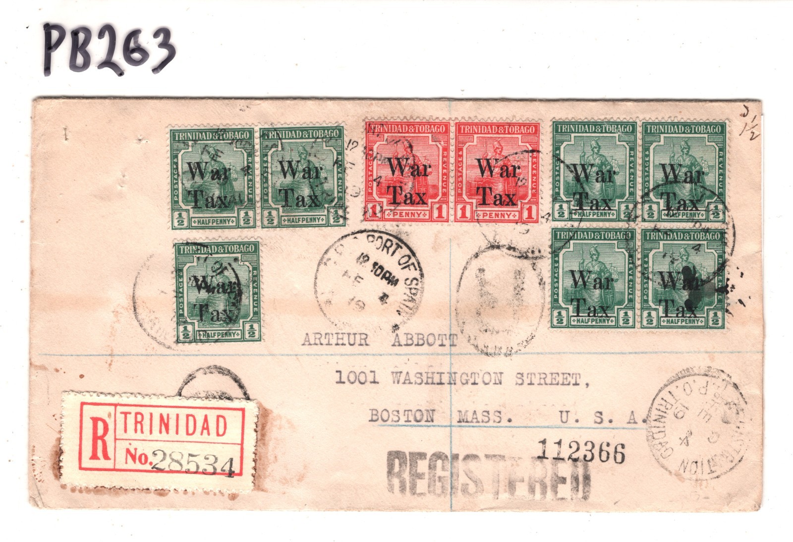TRINIDAD & TOBAGO *WAR TAX* KGV Cover Registered Overprints USA 1919 PB263 - Image 3