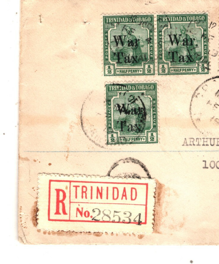 TRINIDAD & TOBAGO *WAR TAX* KGV Cover Registered Overprints USA 1919 PB263 - Image 6