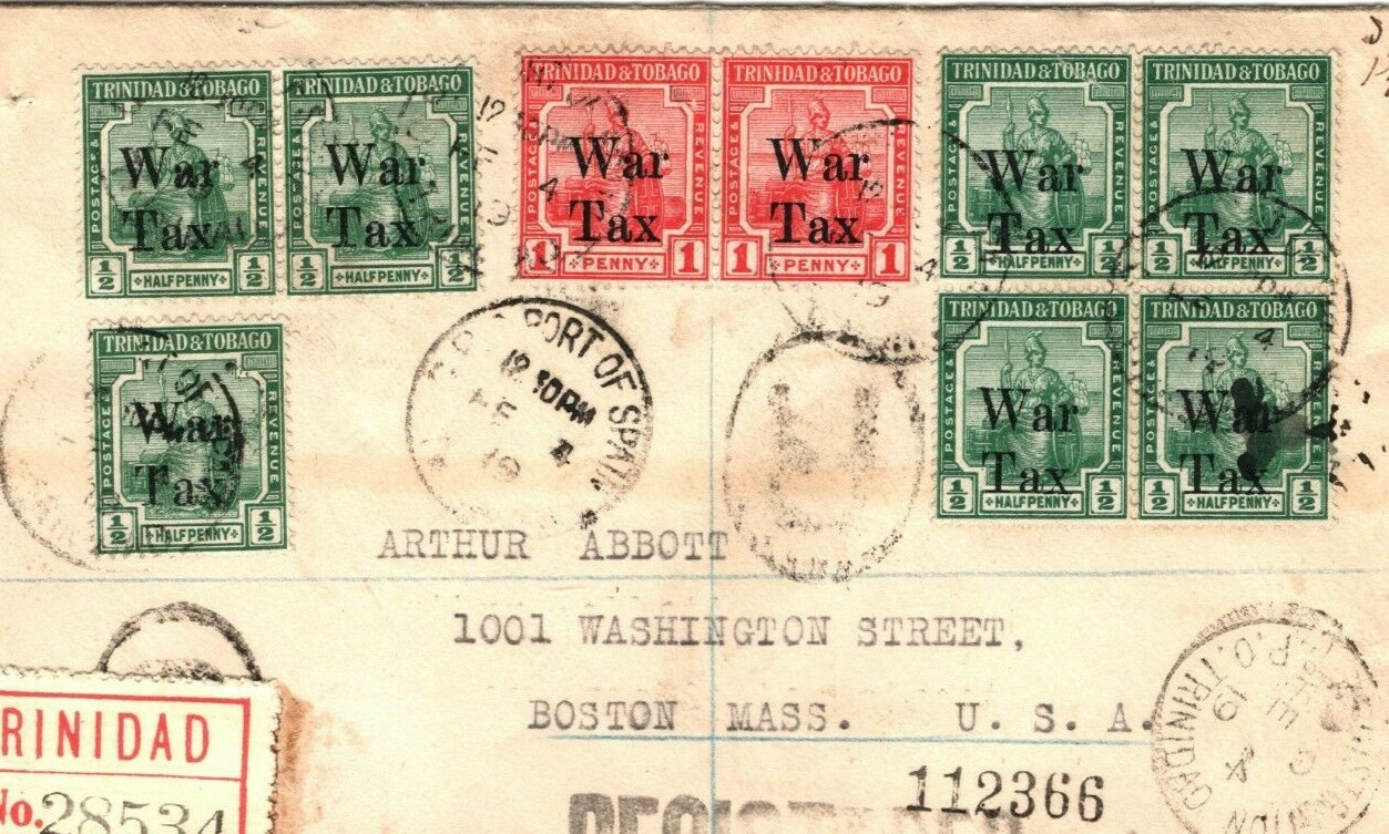 TRINIDAD & TOBAGO *WAR TAX* KGV Cover Registered Overprints USA 1919 PB263