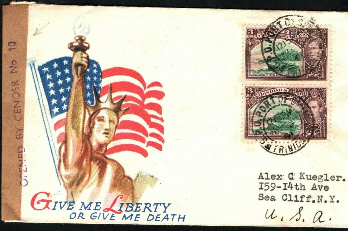 TRINIDAD WW2 Cover USA ILLUSTRATED FLAG Patriotic *CENSOR No.10* 1941 NY PB313 - Image 4