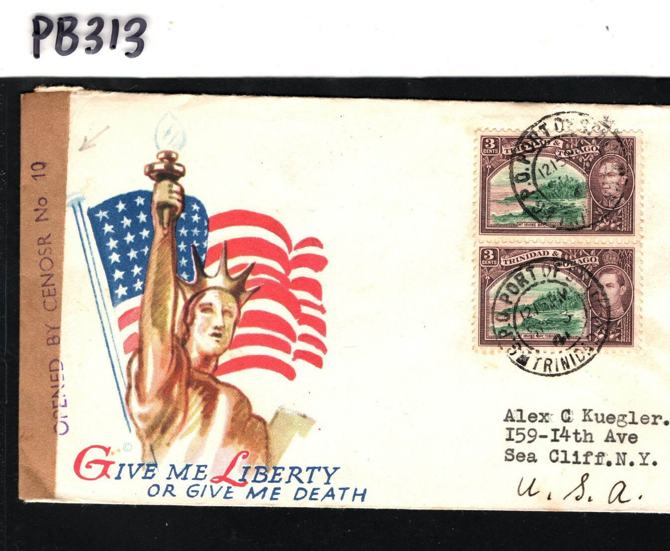 TRINIDAD WW2 Cover USA ILLUSTRATED FLAG Patriotic *CENSOR No.10* 1941 NY PB313 - Image 5