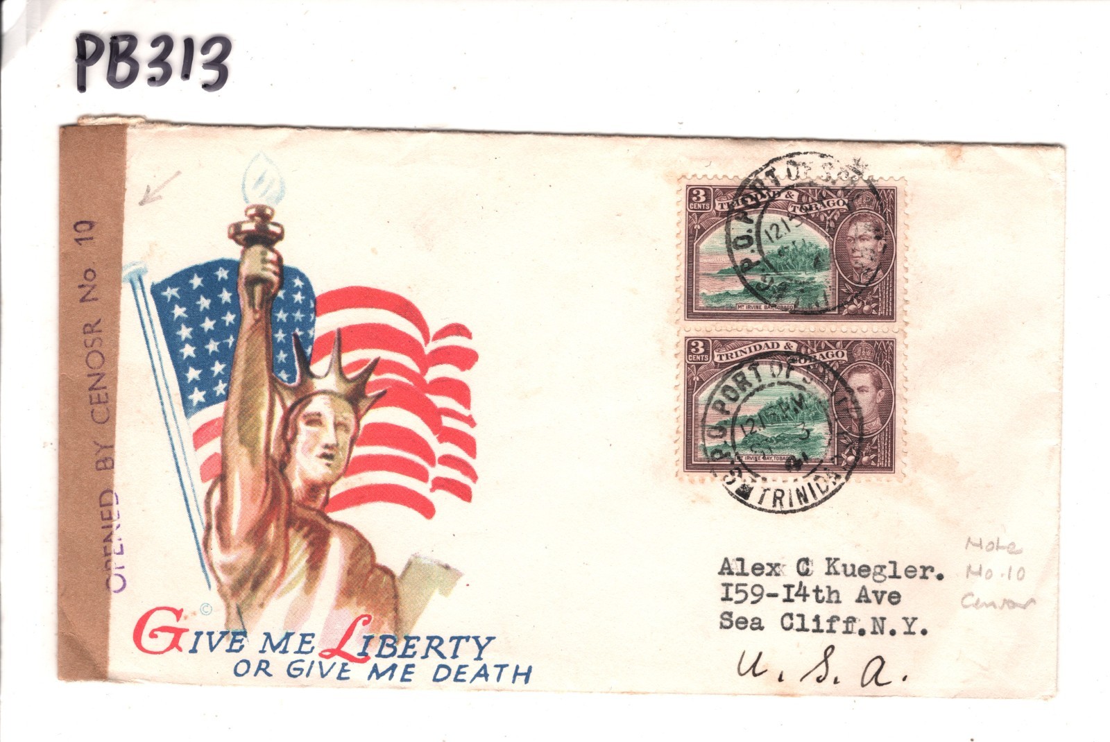 TRINIDAD WW2 Cover USA ILLUSTRATED FLAG Patriotic *CENSOR No.10* 1941 NY PB313 - Image 7