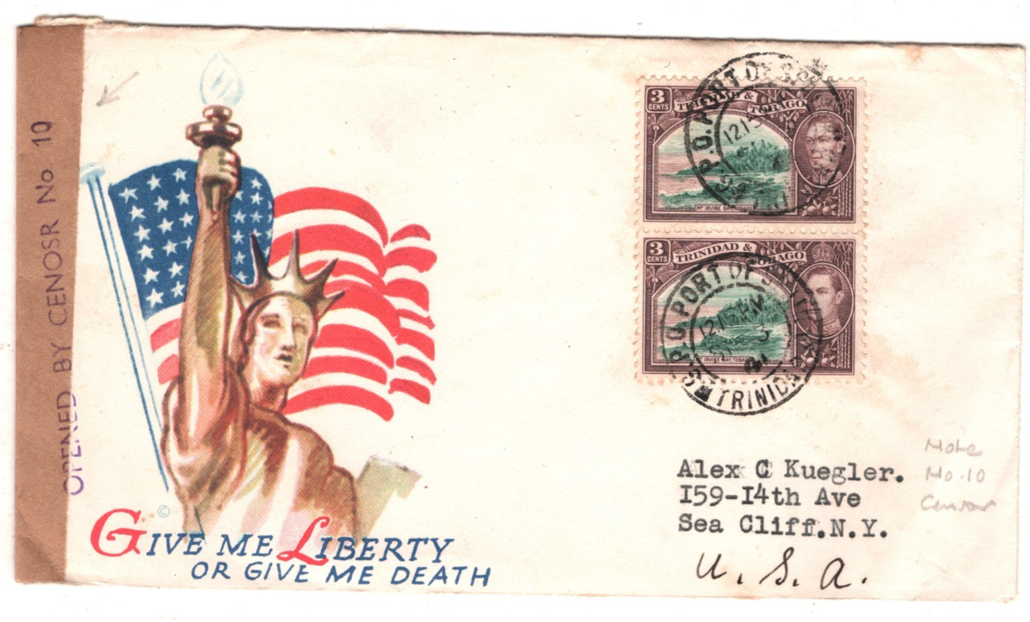 TRINIDAD WW2 Cover USA ILLUSTRATED FLAG Patriotic *CENSOR No.10* 1941 NY PB313