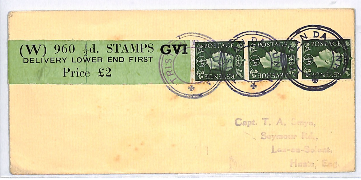 TRISTAN DA CUNHA Cover GB KGVI *COIL LEADER* Strip{3} Cover RARE Hants WJ26 - Image 3