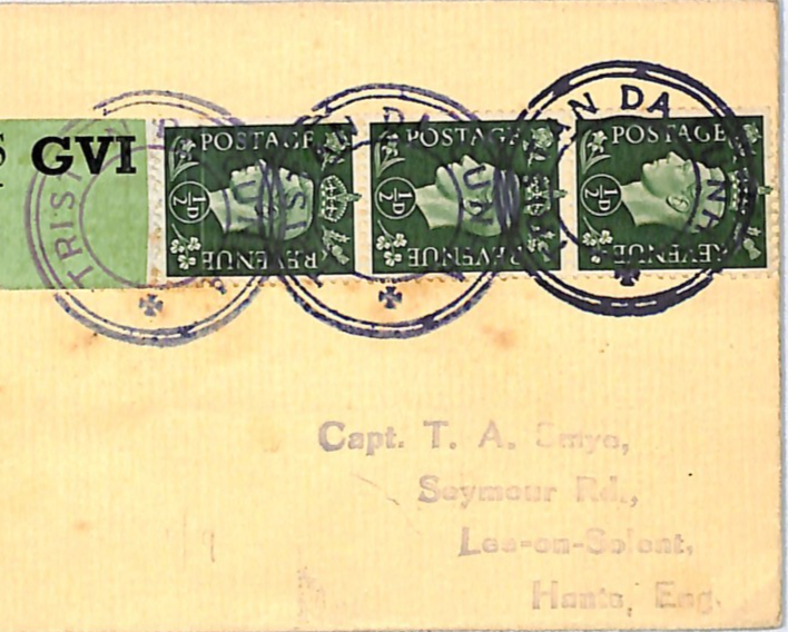 TRISTAN DA CUNHA Cover GB KGVI *COIL LEADER* Strip{3} Cover RARE Hants WJ26 - Image 4