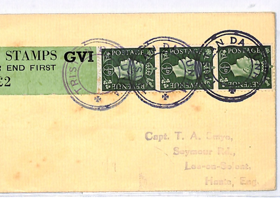 TRISTAN DA CUNHA Cover GB KGVI *COIL LEADER* Strip{3} Cover RARE Hants WJ26
