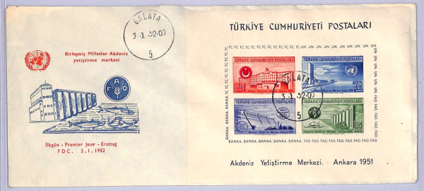 TURKEY 1952 FDC Illustrated UNITED NATIONS Miniature Sheet Rare Cat $4,000 WT46 - Image 3