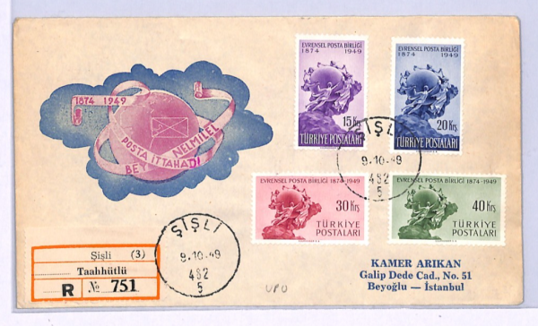 TURKEY FDC 1949 *UPU* ANNIVERSARY Sisli Reg'd ILLUSTRATED First Day Cover XV53 - Image 3