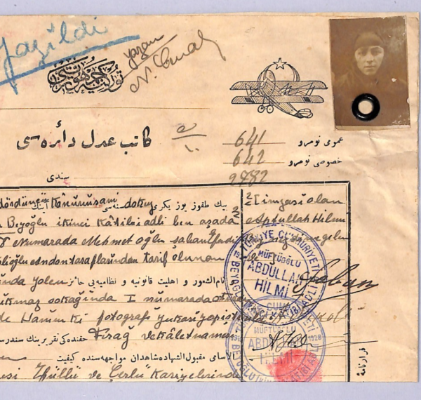 TURKEY Revenue Stamp PHOTO Document 1928 *BIPLANE* Müftüoğlu Abdullah Hilmi WT33