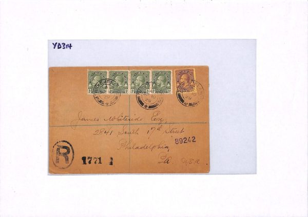 TURKS & CAICOS Cover KGV 2½d & ½d STRIP{4} Registered 1929 Philadelphia YD314 - Image 6