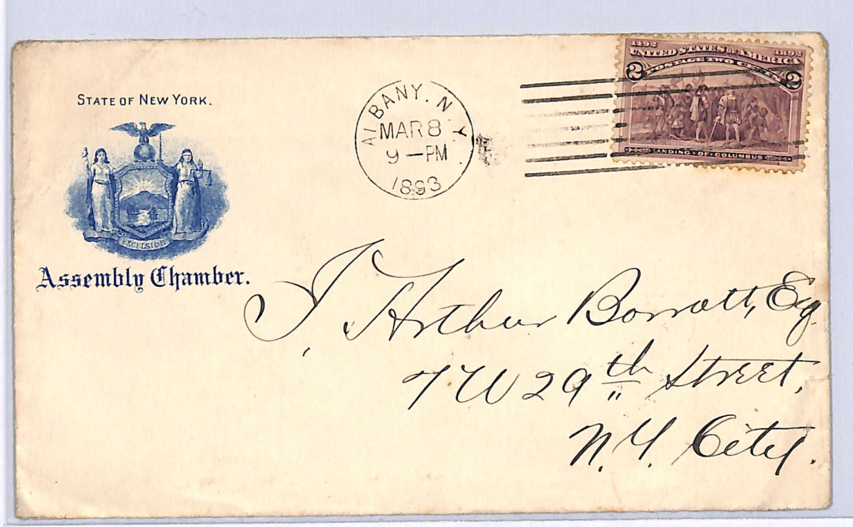 USA 2c Columbus 1893 Official Cover NEW YORK *ASSEMBLY CHAMBER* Crest UG177 - Image 3