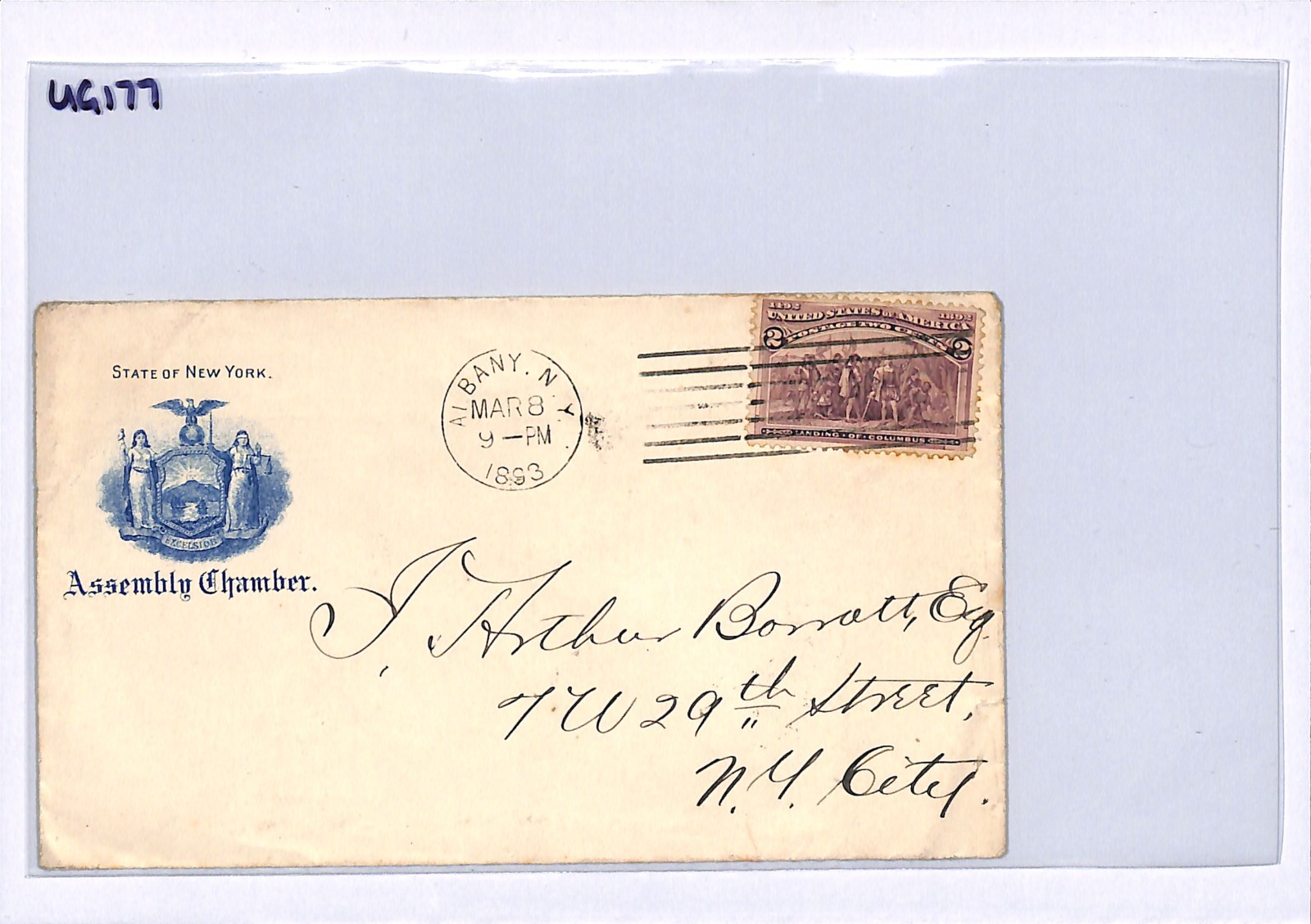 USA 2c Columbus 1893 Official Cover NEW YORK *ASSEMBLY CHAMBER* Crest UG177 - Image 7