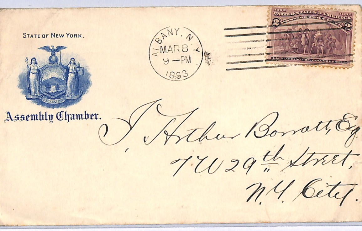 USA 2c Columbus 1893 Official Cover NEW YORK *ASSEMBLY CHAMBER* Crest UG177
