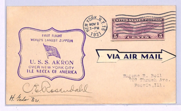 USA AIRSHIP *AKRON* Air 1931 FIRST FLIGHT Peoria ROSENDAHL Signed (Zeppelin)XA89