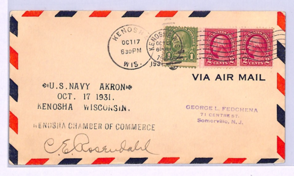 USA AIRSHIP AKRON Air Mail 1931 Cover Kenosha *ROSENDAHL* Signed (Zeppelin)XA88 - Image 3