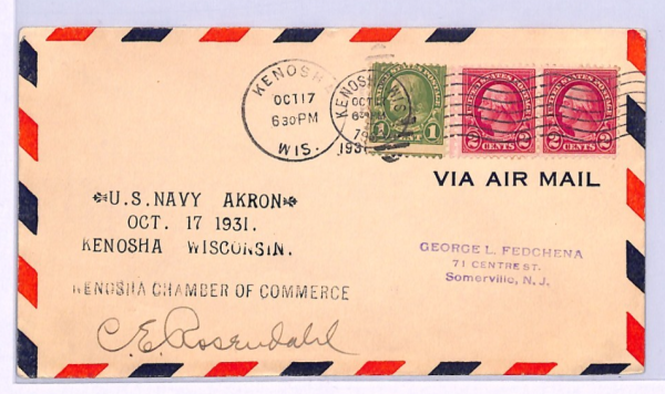 USA AIRSHIP AKRON Air Mail 1931 Cover Kenosha *ROSENDAHL* Signed (Zeppelin)XA88 - Image 6