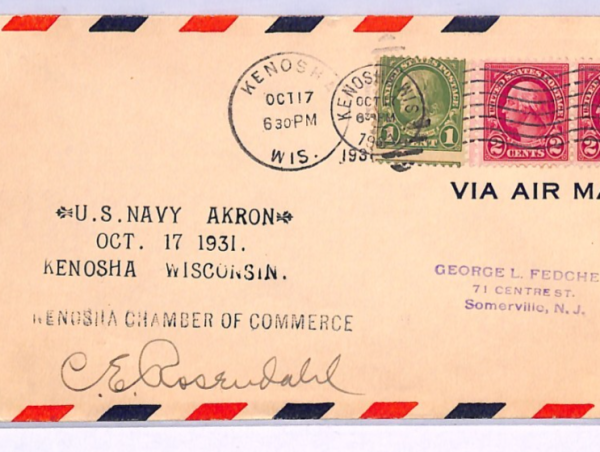 USA AIRSHIP AKRON Air Mail 1931 Cover Kenosha *ROSENDAHL* Signed (Zeppelin)XA88