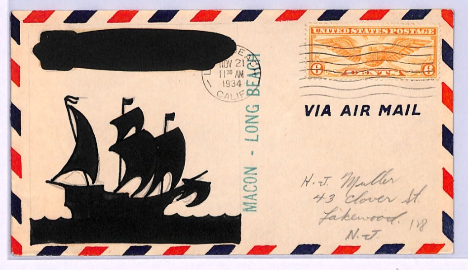USA AIRSHIP *MACON* Air 1934 Cover HAND-ILLUSTRATED Long Beach (Zeppelin)XA198 - Image 3