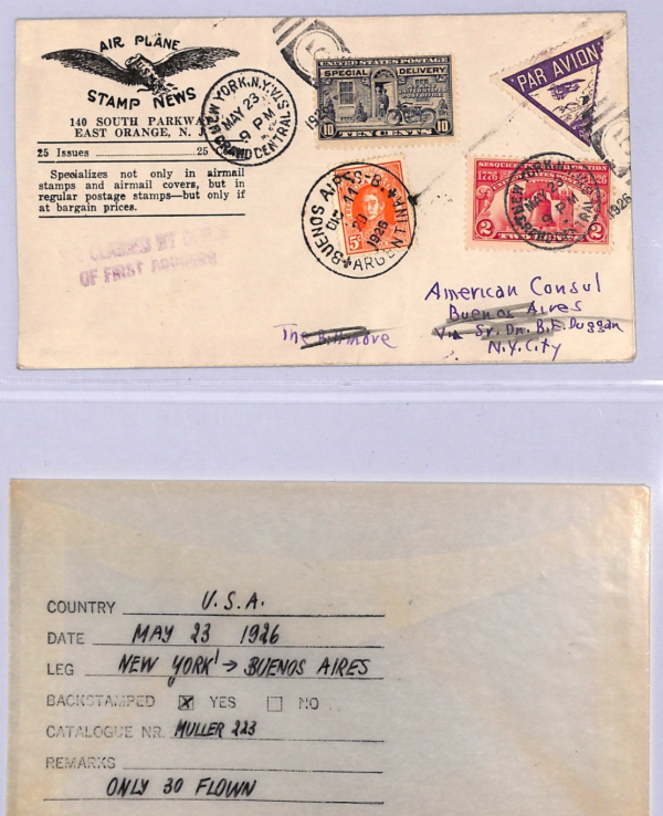USA-ARGENTINA Air 1926 Cover *DON DUGGAN* FIRST FLIGHT Muller 223 (15,000) WT139 - Image 4