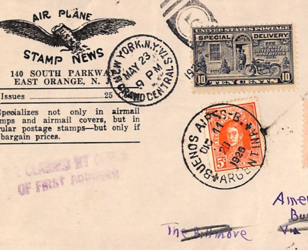 USA-ARGENTINA Air 1926 Cover *DON DUGGAN* FIRST FLIGHT Muller 223 (15,000) WT139