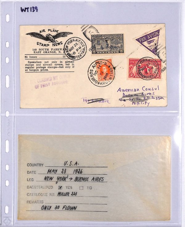 USA-ARGENTINA Air 1926 Cover *DON DUGGAN* FIRST FLIGHT Muller 223 (15,000) WT139 - Image 8