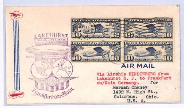 USA Air 10c Block{4} HINDENBURG ZEPPELIN Cover FIRST FLIGHT 1936 Frankfurt XF110 - Image 3