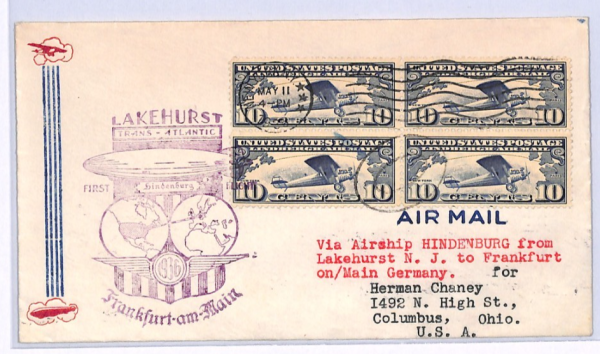 USA Air 10c Block{4} HINDENBURG ZEPPELIN Cover FIRST FLIGHT 1936 Frankfurt XF110 - Image 6