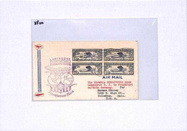 USA Air 10c Block{4} HINDENBURG ZEPPELIN Cover FIRST FLIGHT 1936 Frankfurt XF110 - Image 7