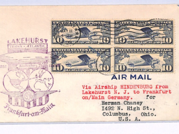 USA Air 10c Block{4} HINDENBURG ZEPPELIN Cover FIRST FLIGHT 1936 Frankfurt XF110