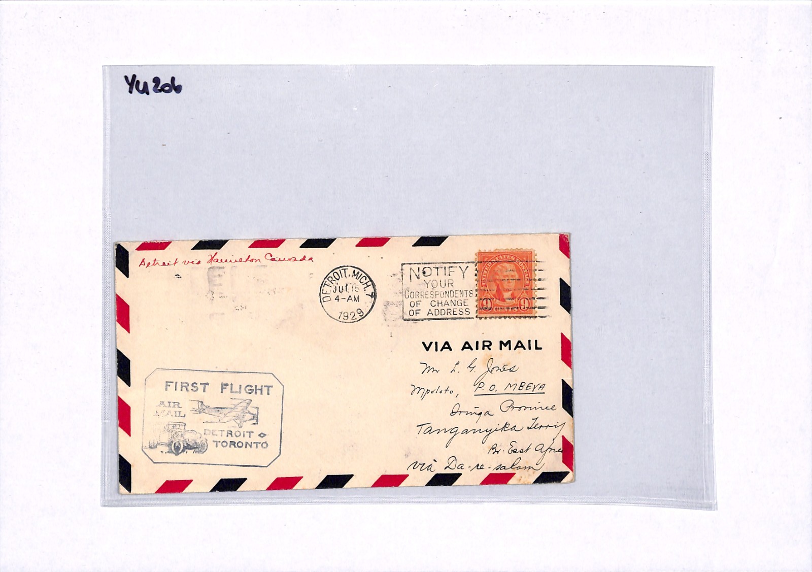 USA Air 1929 Cover FIRST FLIGHT Detroit Toronto 9c Forward *Tanganyika* YU206 - Image 12