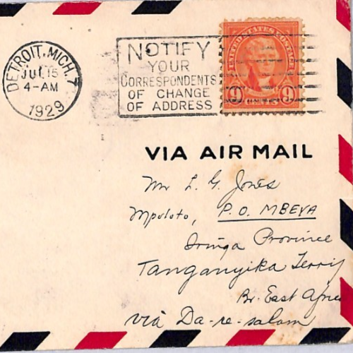 USA Air 1929 Cover FIRST FLIGHT Detroit Toronto 9c Forward *Tanganyika* YU206 - Image 6