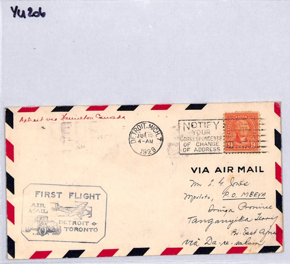 USA Air 1929 Cover FIRST FLIGHT Detroit Toronto 9c Forward *Tanganyika* YU206 - Image 8