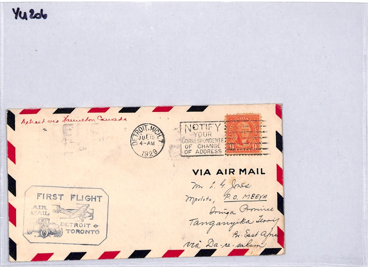 USA Air 1929 Cover FIRST FLIGHT Detroit Toronto 9c Forward *Tanganyika* YU206 - Image 10