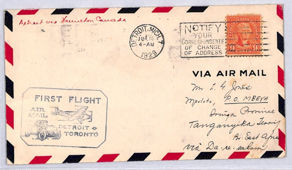 USA Air 1929 Cover FIRST FLIGHT Detroit Toronto 9c Forward *Tanganyika* YU206