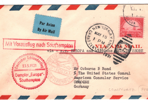 USA Air Mail 1931 Card CATAPULT MAIL *Europa* Germany Cologne US CONSULATE KZ372