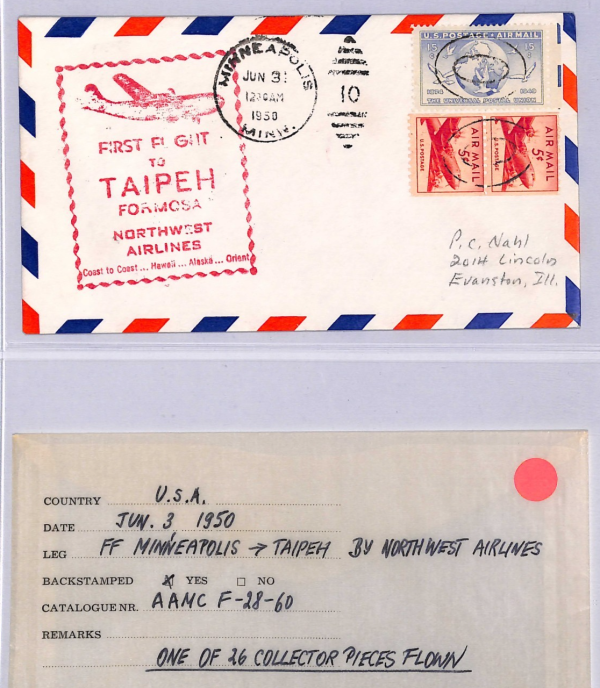 USA Air Mail 1950 Cover NA FIRST FLIGHT *TAIWAN* Taipei Minneapolis {Joffe}WT129 - Image 4