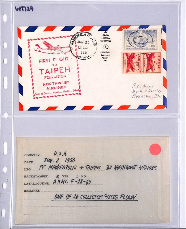 USA Air Mail 1950 Cover NA FIRST FLIGHT *TAIWAN* Taipei Minneapolis {Joffe}WT129 - Image 6