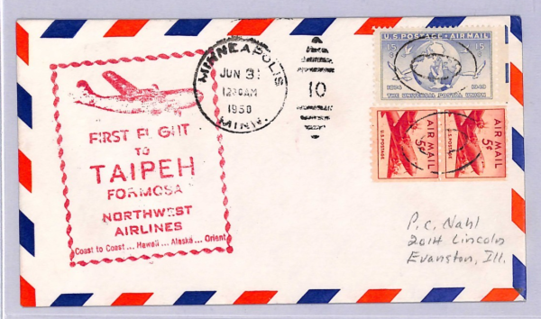USA Air Mail 1950 Cover NA FIRST FLIGHT *TAIWAN* Taipei Minneapolis {Joffe}WT129
