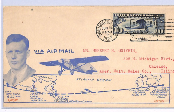 USA Air Mail Cover 1927 *LINDBERGH* Illustrated TRANSATLANTIC FLIGHT Map XF94 - Image 3