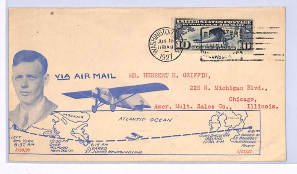 USA Air Mail Cover 1927 *LINDBERGH* Illustrated TRANSATLANTIC FLIGHT Map XF94 - Image 4