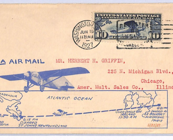 USA Air Mail Cover 1927 *LINDBERGH* Illustrated TRANSATLANTIC FLIGHT Map XF94