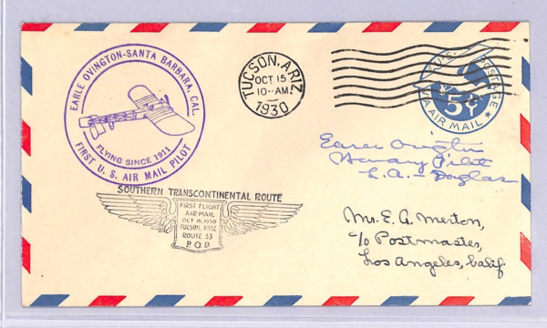 USA Air Mail Cover *EARLE OVINGTON* SIGNED FIRST FLIGHT Tucson LA 1930 WT134 - Image 3