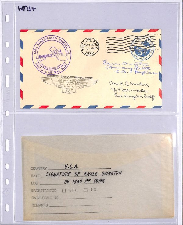 USA Air Mail Cover *EARLE OVINGTON* SIGNED FIRST FLIGHT Tucson LA 1930 WT134 - Image 7