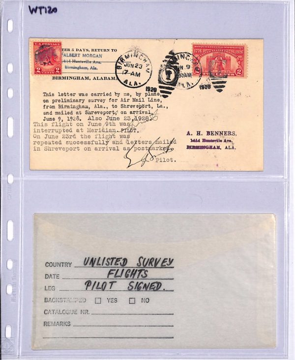 USA Air Mail Cover SURVEY FLIGHT 1928 Pilot Signed Birmingham Shreveport WT120 - Image 4