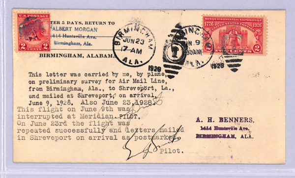 USA Air Mail Cover SURVEY FLIGHT 1928 Pilot Signed Birmingham Shreveport WT120