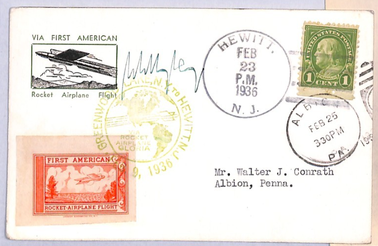 USA Airmail *ROCKET AIRPLANE* Pair Postcards{2} 1936 FIRST FLIGHT Signed YU205 - Image 4