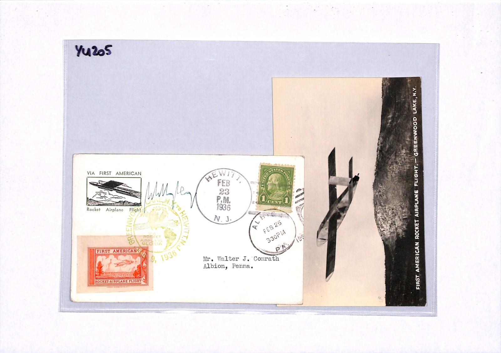 USA Airmail *ROCKET AIRPLANE* Pair Postcards{2} 1936 FIRST FLIGHT Signed YU205 - Image 8